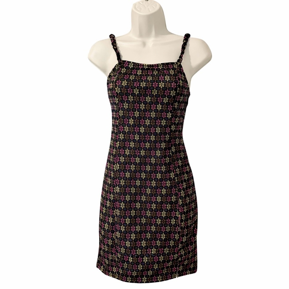 Hippie Rose XS Dark Brown Floral Mini Dress Spaghetti Strap Boho Y2K Stretch